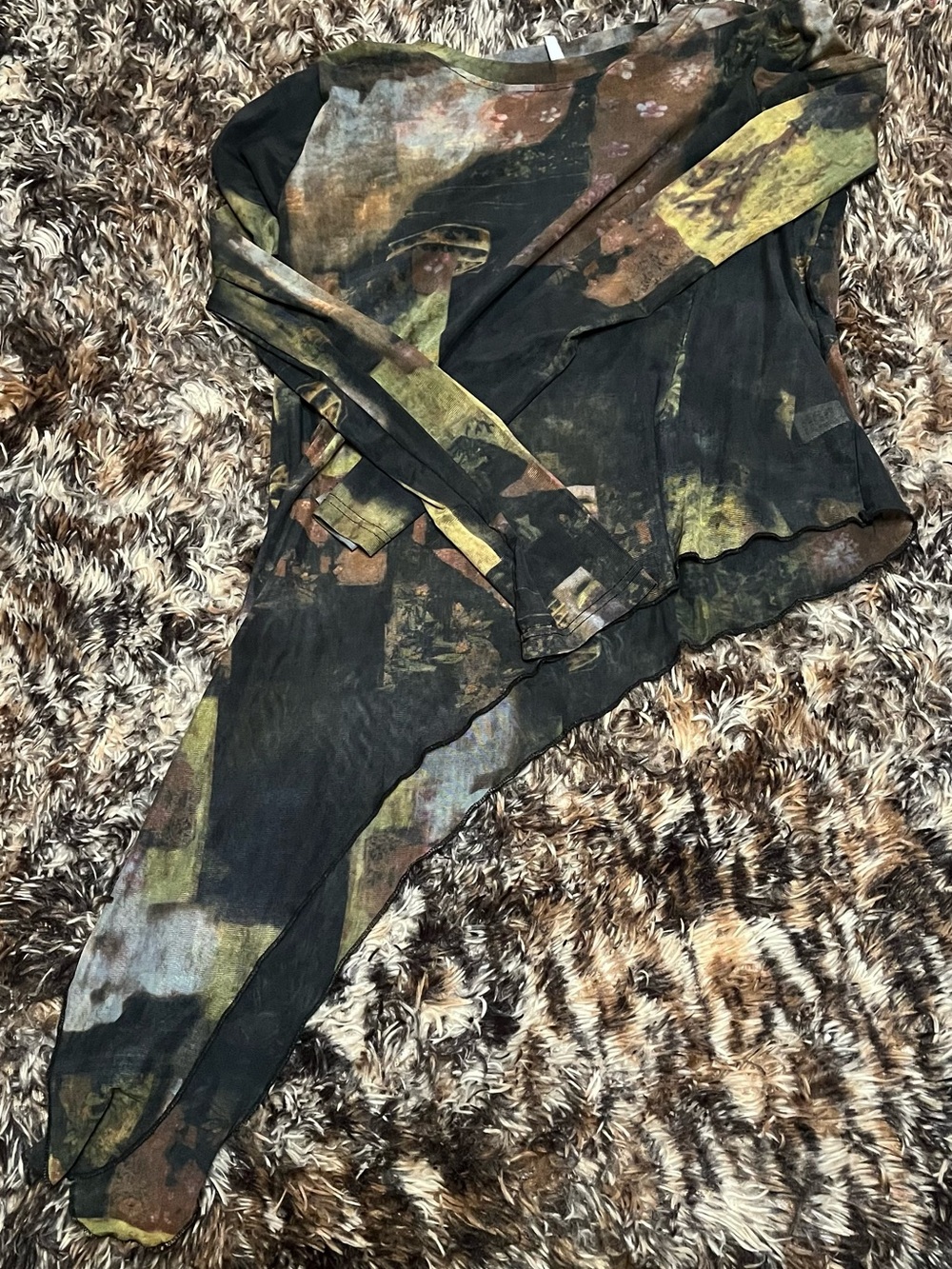 Asymmetrical Long-Sleeve Tunic in Black with Olive & Brown Print